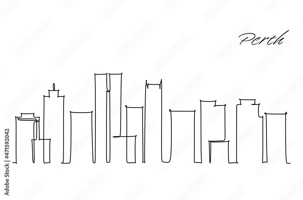 One continuous line drawing of Perth city skyline, Australia. Beautiful landmark. World landscape tourism travel vacation poster. Editable stylish stroke single line draw design vector illustration One continuous line drawing of Perth city skyline, Australia. Beautiful landmark. World landscape tourism travel vacation poster. Editable stylish stroke single line draw design vector illustration