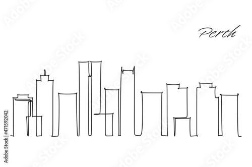 One continuous line drawing of Perth city skyline, Australia. Beautiful landmark. World landscape tourism travel vacation poster. Editable stylish stroke single line draw design vector illustration