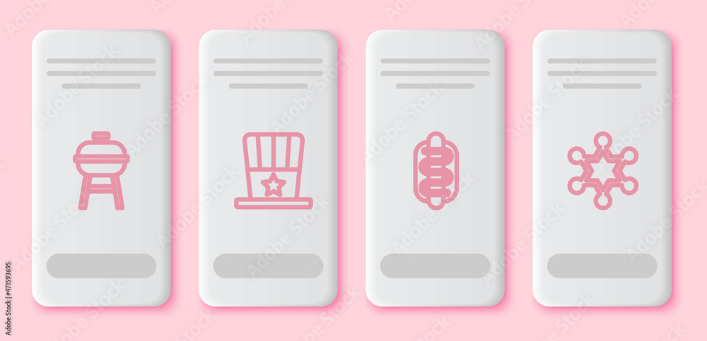 Set line Barbecue grill, Patriotic American top hat, Hotdog sandwich and Hexagram sheriff. White rectangle button. Vector Set line Barbecue grill, Patriotic American top hat, Hotdog sandwich and Hexagram sheriff. White rectangle button. Vector