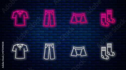Set line Pants, Men underpants, Shirt and Socks. Glowing neon icon on brick wall. Vector
