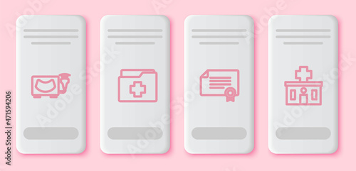 Set line Ultrasound, Patient record, Certificate template and Hospital building. White rectangle button. Vector
