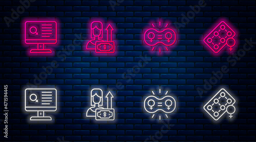 Set line Money growth woman, Gender equality, Dating app and Packaging of birth control pills. Glowing neon icon on brick wall. Vector