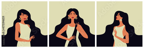 Beautiful women with dark hair color. Portraits of young women. 