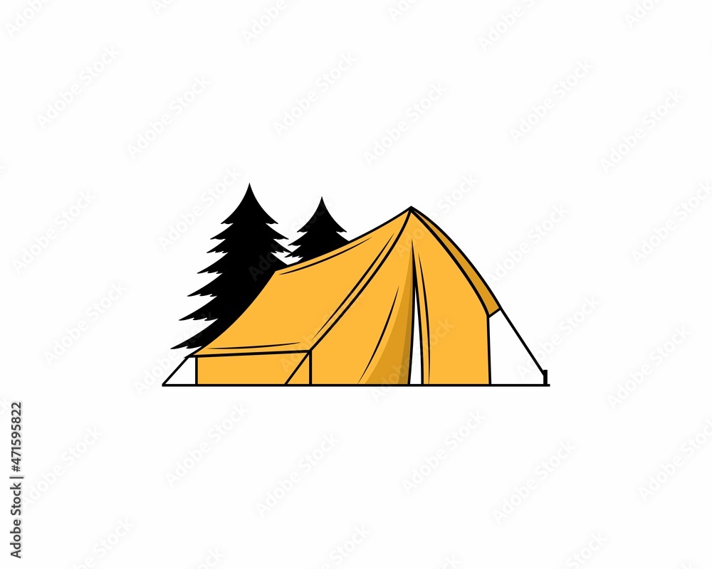 Camping tent with pine tree behind