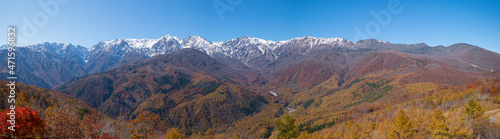 白馬・岩岳マウンテンハーバーから見た北アルプスの三段紅葉のパノラマ
