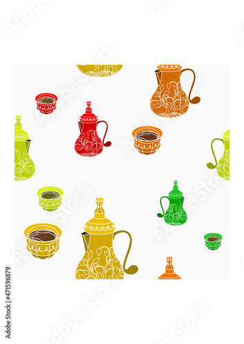 Editable Patterned Bulbous Dallah Coffee Pots and Finjan Cups Vector Illustration in Various Colors as Seamless Pattern for Background of Arab Culture Tradition Cafe and Islamic Moments Related Design