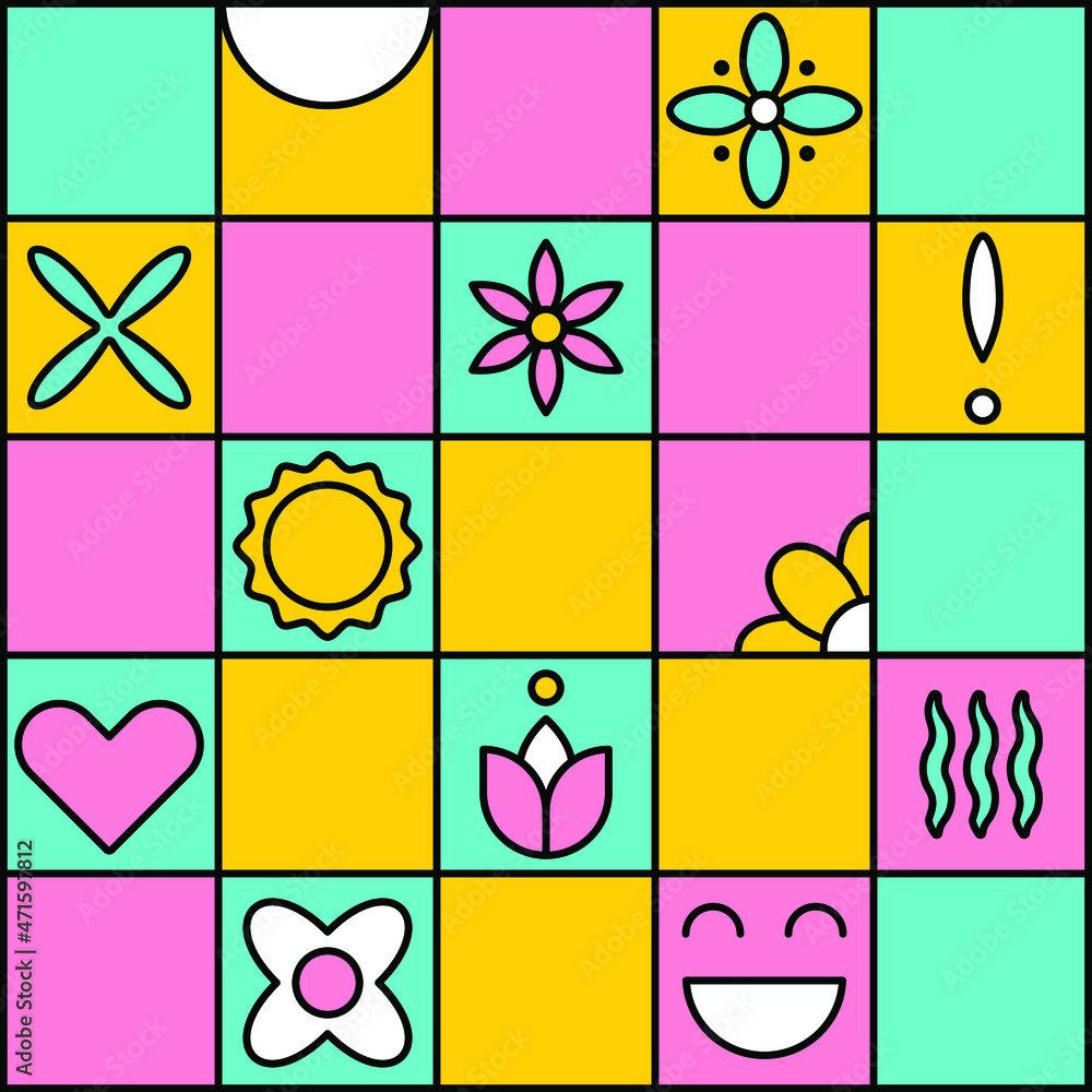 Summer and spring pattern neo memphis style. Vibrant geometric spring flowers, summer sun, smile, heart. Abstract background, fabric, wrapping print, animation template. Playful vector illustration Summer and spring pattern neo memphis style. Vibrant geometric spring flowers, summer sun, smile, heart. Abstract background, fabric, wrapping print, animation template. Playful vector illustration