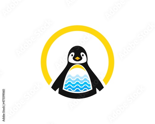 Circle shape with penguin and water wave inside