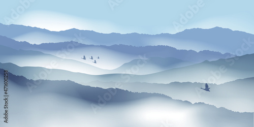 Vector mountain scenery illustration of sea of clouds