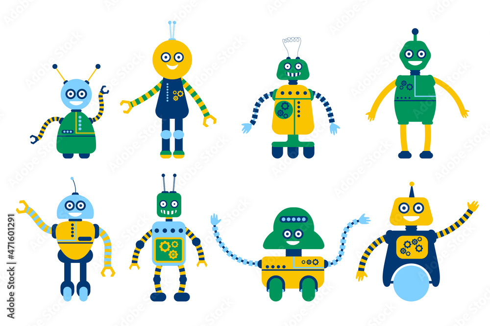 Cute robots for girls and boys isolated on white background. Flat style collection of toys. Vector illustration. 