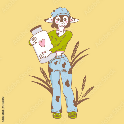 Cute cow holding a milk can