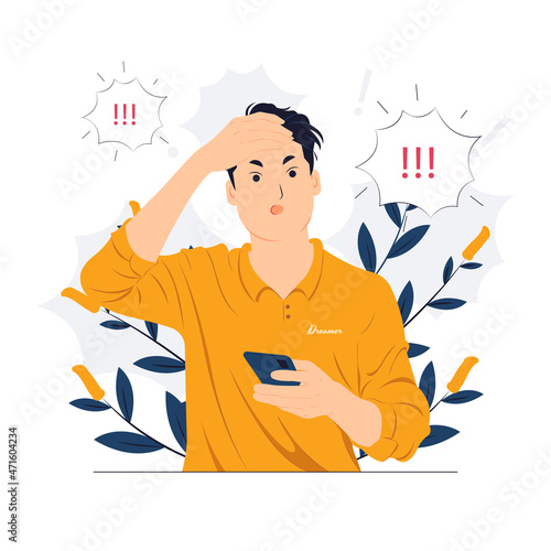 man texting using smart phone, stressed with hand on head, shocked, surprise face, angry and frustrated. Fear and upset for mistake concept illustrations