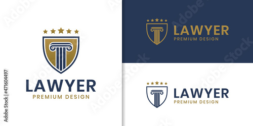 lawyer attorney advocate logo with shield symbol linear style for law firm company identity logo