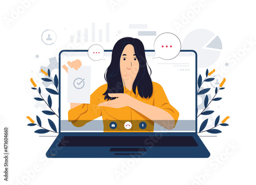 Business video call conference, Telecommuting, Webinar, using laptop talk to colleagues concept illustrations