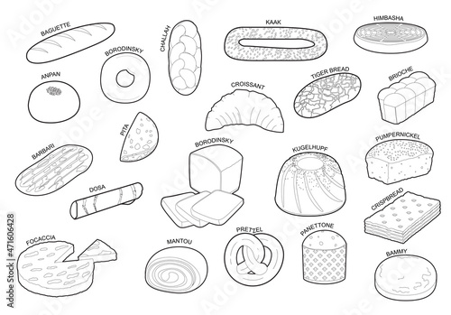 Various Bread Kind From Around the World Cartoon Vector Black and White