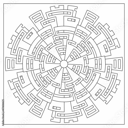 Simple mandala designs to color. Coloring pages for adults. Hexagonal drawing from 6 fold rotational symmetry of various shapes. Tile pattern in Line Art style. EPS8. #391