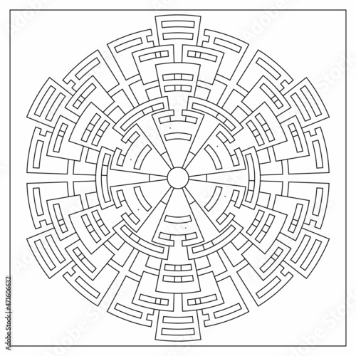 Simple mandala designs to color. Coloring pages for adults. Hexagonal drawing from 6 fold rotational symmetry of various shapes. Tile pattern in Line Art style. EPS8. #392
