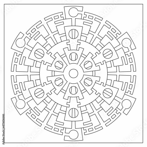 Simple mandala designs to color. Coloring pages for adults. Hexagonal drawing from 6 fold rotational symmetry of various shapes. Tile pattern in Line Art style. EPS8. #393