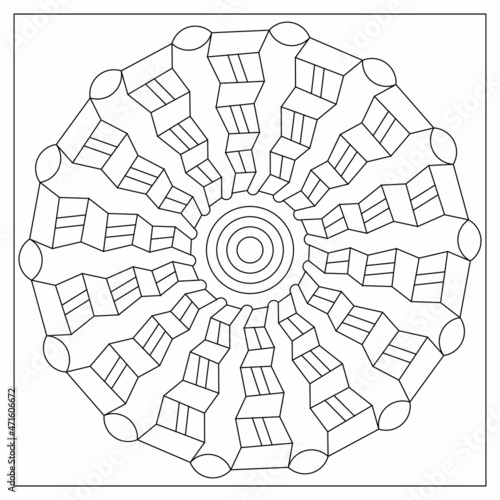 Simple mandala designs to color. Easy coloring pages. Rotational ribbons illustration. Black on white patterns. EPS8 file. Coloring-#399