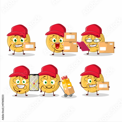 Cartoon character design of dalgona candy coral reefs working as a courier