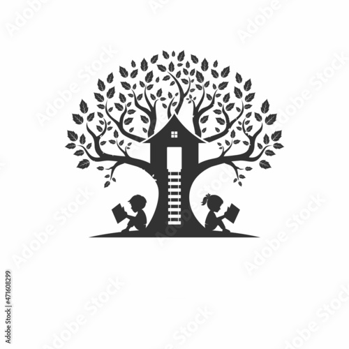 Children reading and playing under the tree house