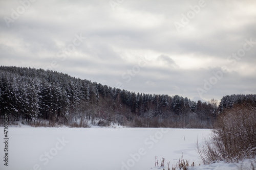 A frozen lake or river in winter. Near the forest and mountains in the snow. Beautiful winter landscapes. Winter trips in nature. © Анатолий Савицкий