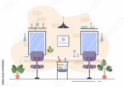 Beauty Salon Interior Flat Design Illustration There is Furniture, Table, Chairs, Bathtub, Mirror or Hairdryer for Washing, Manicure Pedicure, Cutting Hair and Make up