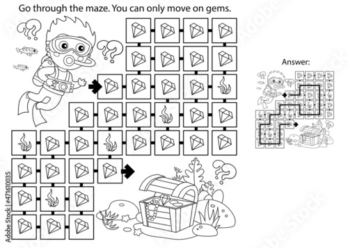 Maze or Labyrinth Game. Puzzle. Coloring Page Outline Of cartoon boy scuba diver with chest of treasure. Marine photography or shooting. Underwater world. Coloring book for kids.