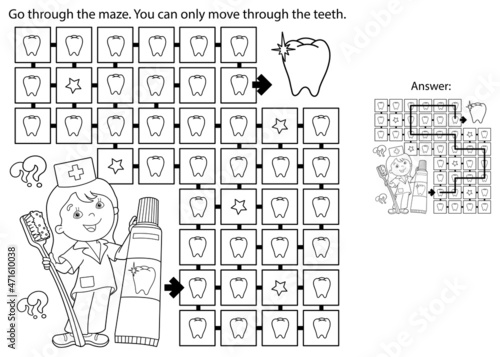 Maze or Labyrinth Game. Puzzle. Coloring Page Outline Of cartoon doctor with toothbrush and toothpaste. Coloring book for kids.
