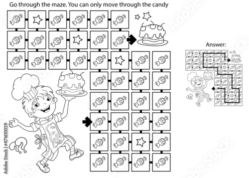 Maze or Labyrinth Game. Puzzle. Coloring Page Outline Of cartoon fun boy chef with cake. Little cook or scullion. Profession. Coloring book for kids.