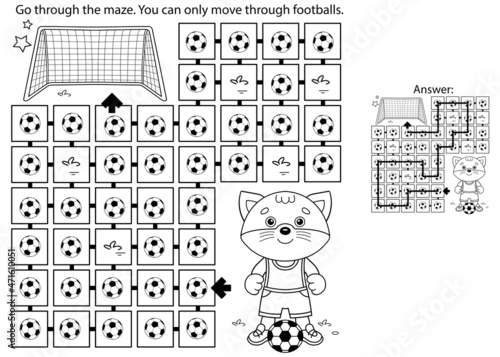 Maze or Labyrinth Game. Puzzle. Coloring Page Outline Of cartoon cat with soccer ball. Football. Sport activity. Coloring book for kids.