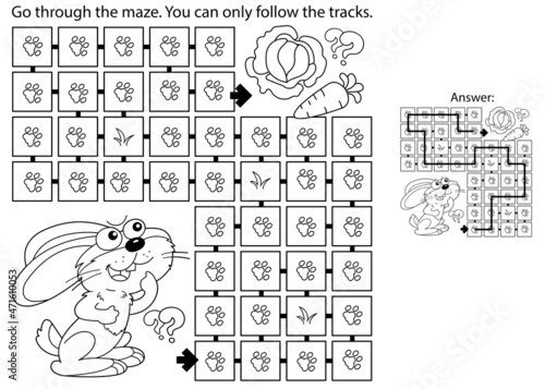 Maze or Labyrinth Game. Puzzle. Coloring Page Outline Of cartoon little bunny or hare with carrot and cabbage . Coloring book for kids.