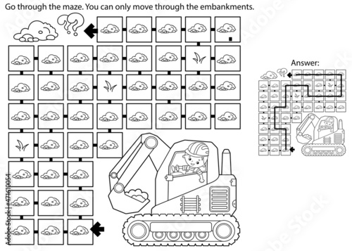 Maze or Labyrinth Game. Puzzle. Coloring Page Outline Of cartoon crawler excavator. Construction vehicles. Profession. Coloring book for kids.