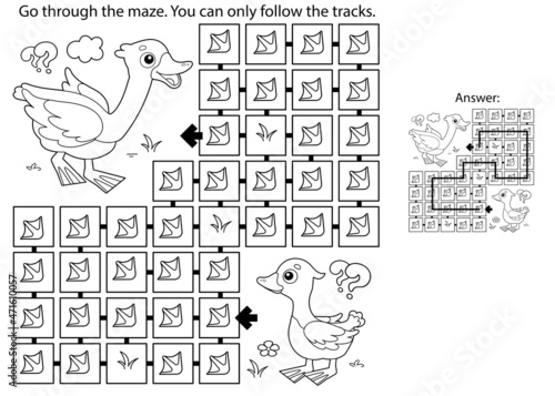 Maze or Labyrinth Game. Puzzle. Coloring Page Outline Of cartoon goose with gosling. Farm animals. Coloring book for kids.