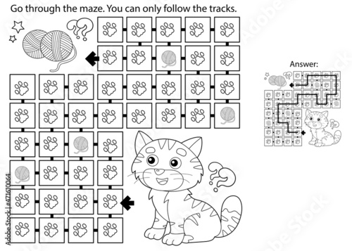 Maze or Labyrinth Game. Puzzle. Coloring Page Outline Of cartoon cat with ball of yarn. Coloring book for kids.