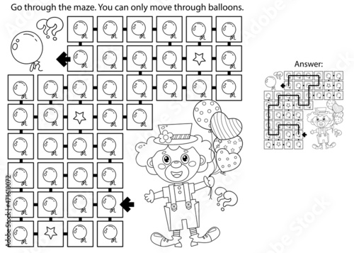 Maze or Labyrinth Game. Puzzle. Coloring Page Outline Of cartoon circus clown with colorful balloons. Coloring book for kids.