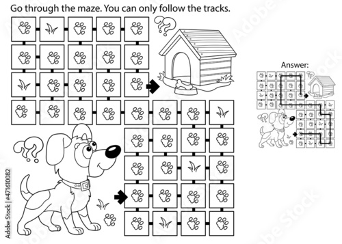 Maze or Labyrinth Game. Puzzle. Coloring Page Outline Of cartoon little dog with doghouse or kennel. Coloring book for kids.
