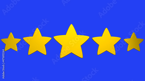 Five 3D Golden Stars on Blue background. 3D Rendering Yellow Gold Glossy Star with Smooth Edges. 5 stars Rating and Customer good feedback Concept 