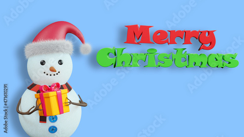 Snowman with a gift box, 3d render. Happy New Year and Christmas, 3d banner. Merry Christmas greeting card on a blue background © Om.Nom.Nom