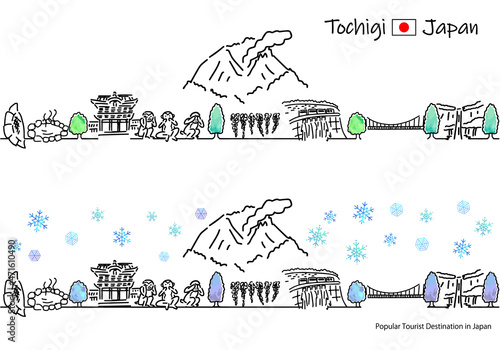 冬の栃木県の観光地の街並みシンプル線画セット