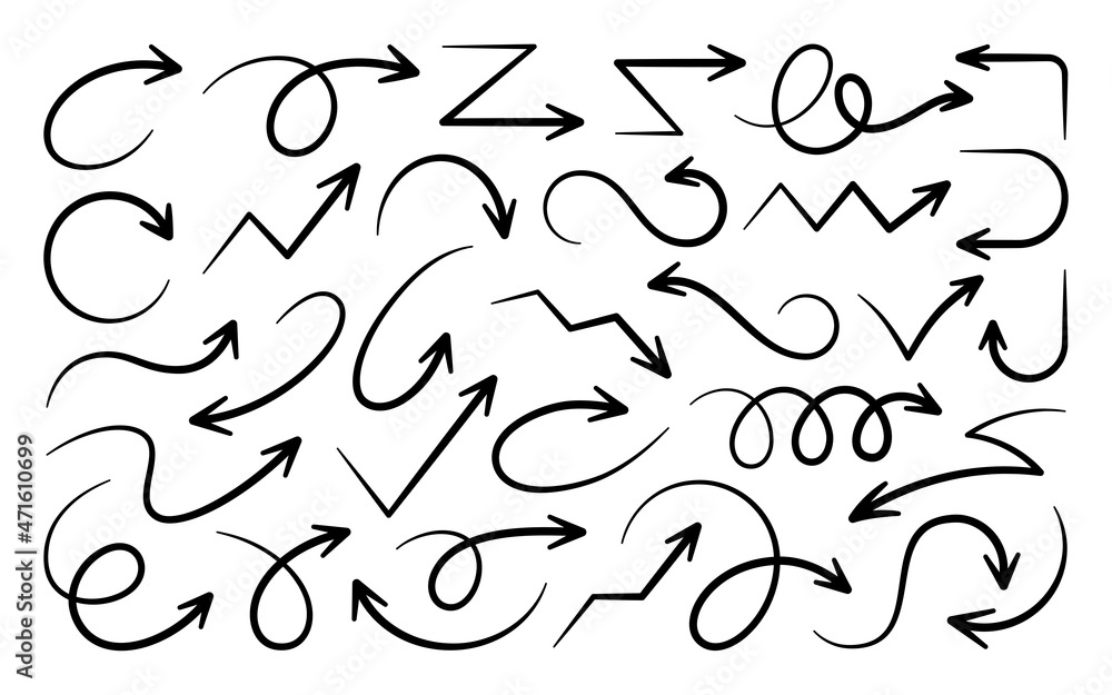 Arrow hand drawn different shape direction black line set. Selection sketch and path indicator. Flexible navigation curve doodle infographic. Conceptual web business design isolated white background Arrow hand drawn different shape direction black line set. Selection sketch and path indicator. Flexible navigation curve doodle infographic. Conceptual web business design isolated white background