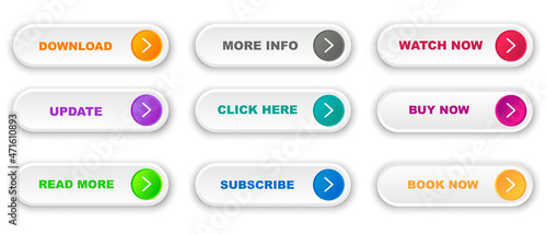 Set of modern trendy flat buttons. Different colors text. Read more, book now, download, watch now, more info and buy now. Vector EPS 10