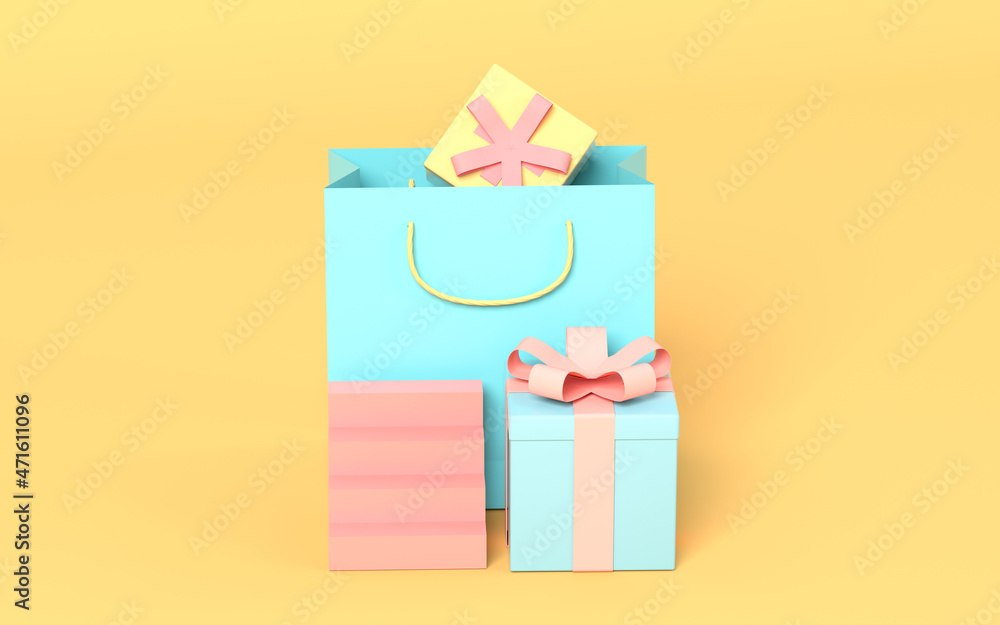 Shopping bags and gifts with yellow background, 3d rendering. Shopping bags and gifts with yellow background, 3d rendering.