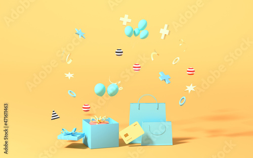 Gifts and shopping bags with yellow background, 3d rendering. © 婷婷 季