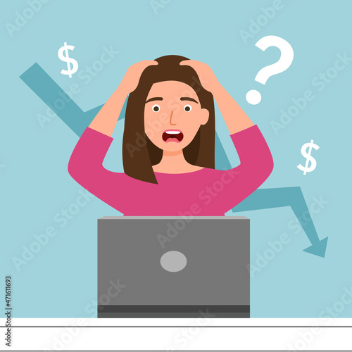 Failed stressed businesswoman lost money from stock trading in flat design. Negative profit investment via online business concept. Bankruptcy.