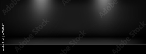 Black background. Studio scene room with Spotlight for product display, show. 3d stage. Empty floor table horizontal. Vector illustration.