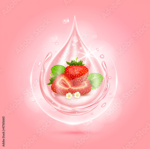 Drop serum strawberry. Vitamin and collagen organic anti aging serum fruit acid product. Natural eco skin care cosmetic. Realistic 3d vector EPS10 illustration.