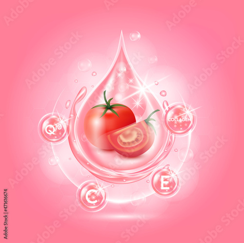 Drop serum tomato. Vitamin С, E, Q10 and collagen organic anti aging serum fruit acid product. Natural eco skin care cosmetic. Realistic 3d vector EPS10 illustration.