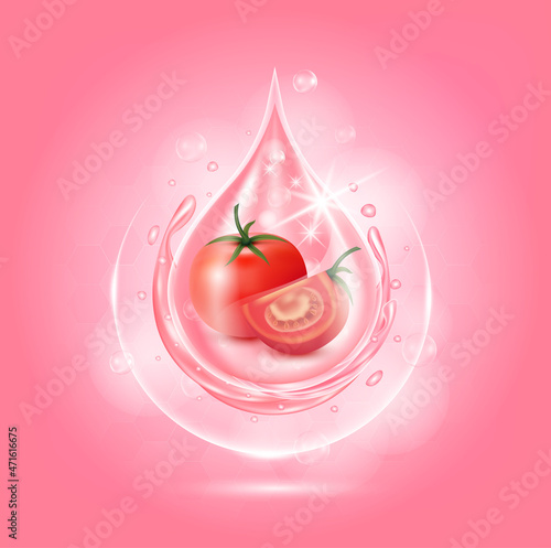 Drop serum tomato. Vitamin and collagen organic anti aging serum fruit acid product. Natural eco skin care cosmetic. Realistic 3d vector EPS10 illustration.