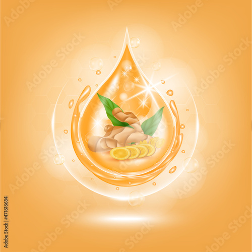 Drop serum Turmeric. Vitamin and collagen organic anti aging serum fruit acid product. Natural eco skin care cosmetic. Realistic 3d vector EPS10 illustration.